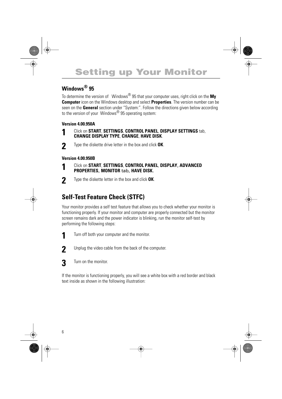 Setting up your monitor, Self-test feature check (stfc) | Samsung PG21LS9U-XAX User Manual | Page 8 / 29