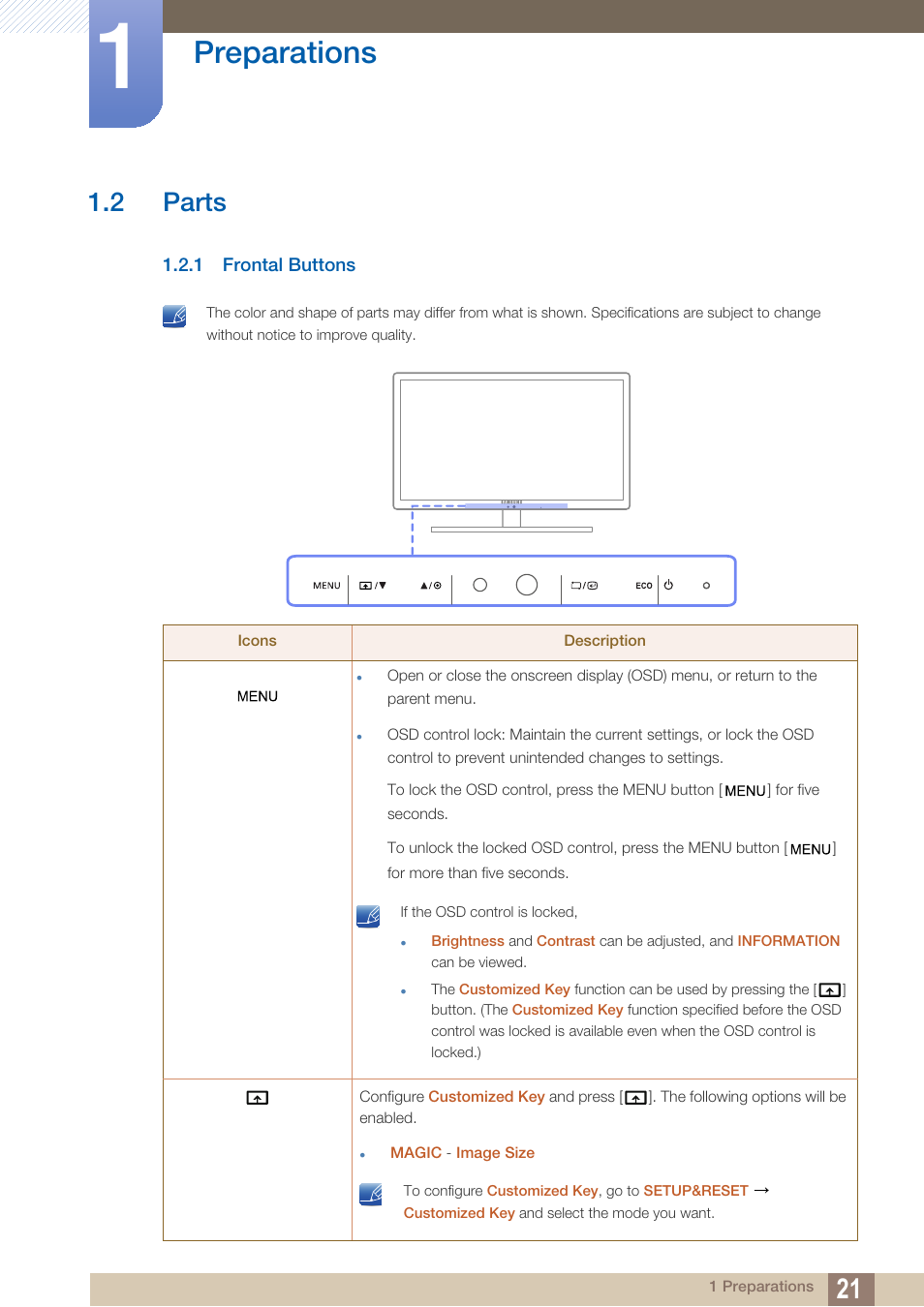 2 parts, 1 frontal buttons, Parts | Frontal buttons, Preparations | Samsung LS27A850TS-ZA User Manual | Page 21 / 92
