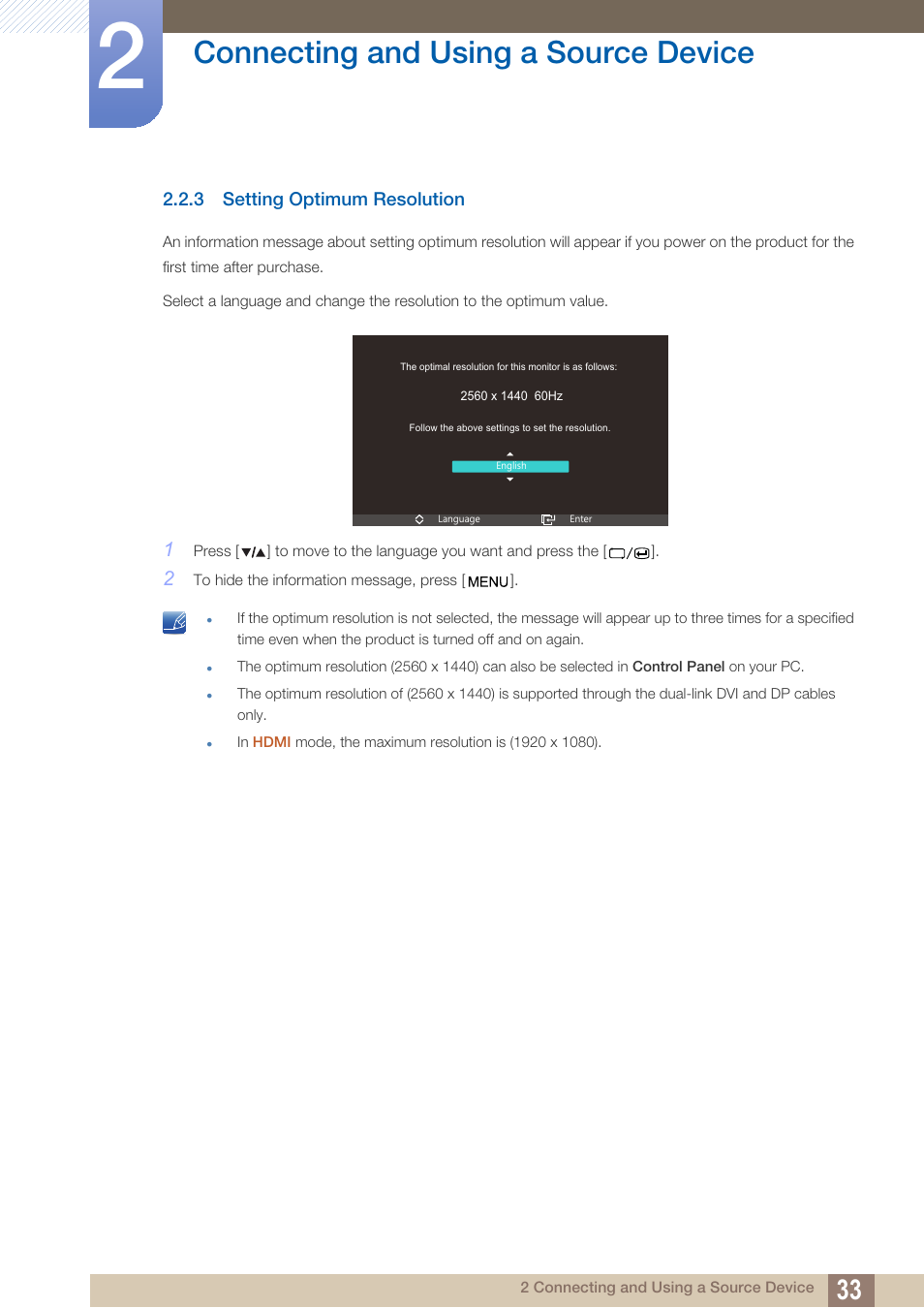 3 setting optimum resolution, Setting optimum resolution, Connecting and using a source device | Samsung LS27A850TS-ZA User Manual | Page 33 / 92