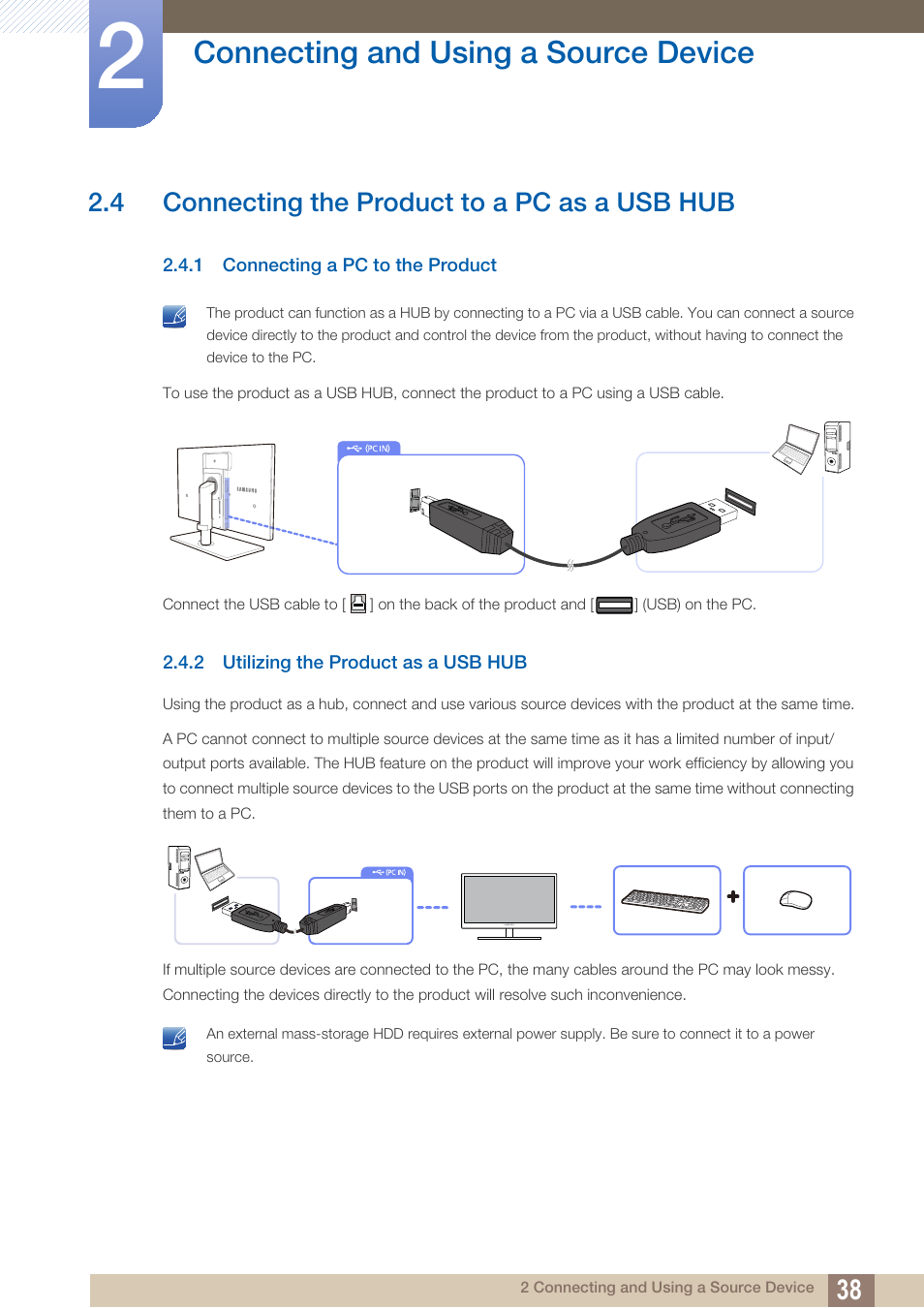 4 connecting the product to a pc as a usb hub, 1 connecting a pc to the product, 2 utilizing the product as a usb hub | Connecting the product to a pc as a usb hub, Connecting a pc to the product, Utilizing the product as a usb hub, Connecting and using a source device | Samsung LS27A850TS-ZA User Manual | Page 38 / 92