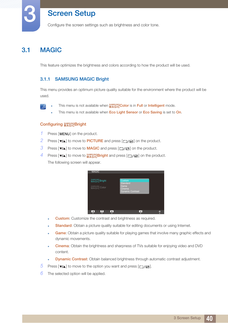 Screen setup, 1 magic, 1 samsung magic bright | Magic, Samsung magic bright | Samsung LS27A850TS-ZA User Manual | Page 40 / 92