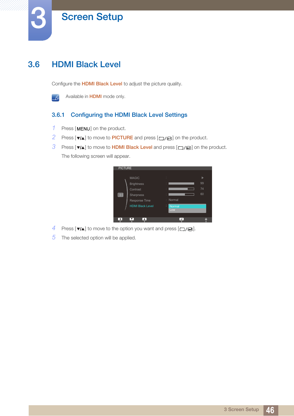 6 hdmi black level, 1 configuring the hdmi black level settings, Hdmi black level | Configuring the hdmi black level settings, Screen setup | Samsung LS27A850TS-ZA User Manual | Page 46 / 92