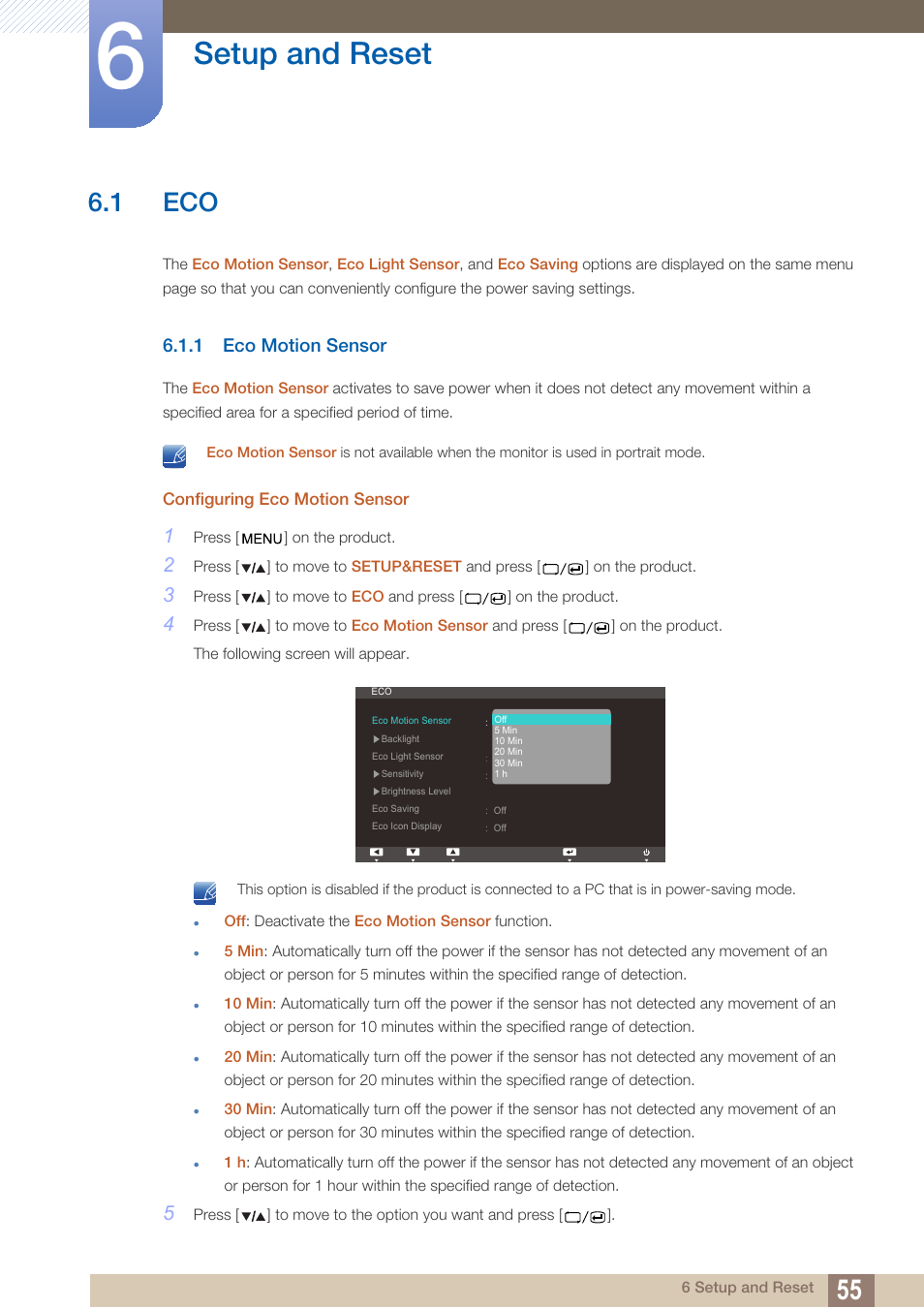 Setup and reset, 1 eco, 1 eco motion sensor | Eco motion sensor | Samsung LS27A850TS-ZA User Manual | Page 55 / 92