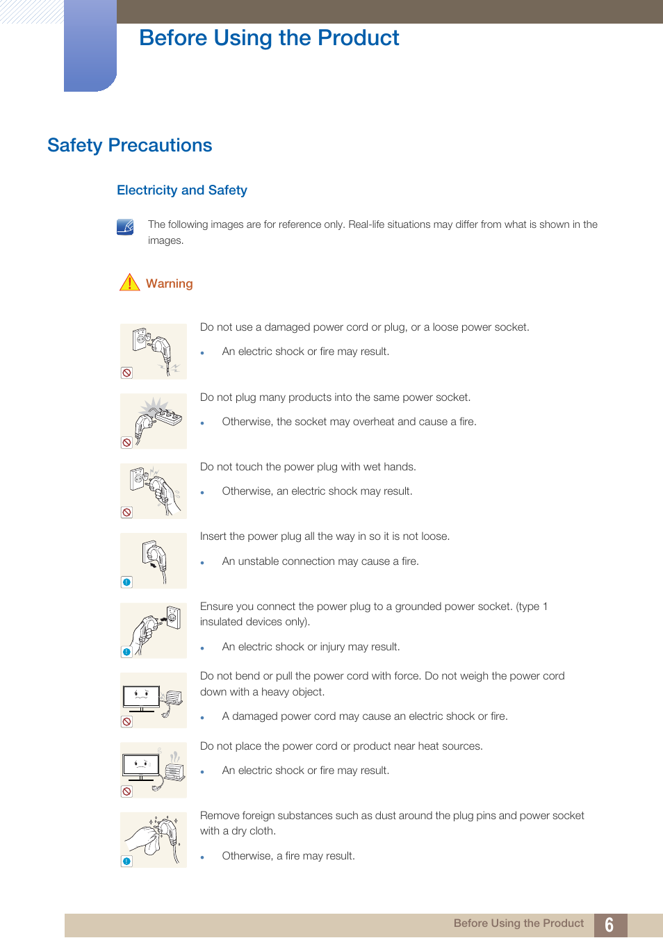 Safety precautions, Electricity and safety, Before using the product | Samsung LS27A850TS-ZA User Manual | Page 6 / 92