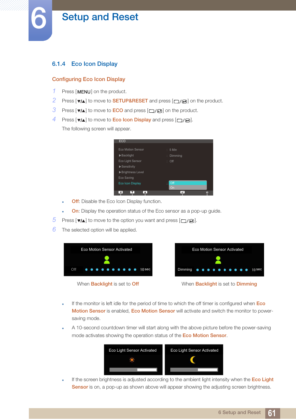 4 eco icon display, Eco icon display, Setup and reset | Samsung LS27A850TS-ZA User Manual | Page 61 / 92