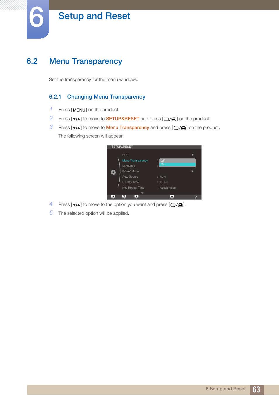2 menu transparency, 1 changing menu transparency, Menu transparency | Changing menu transparency, Setup and reset | Samsung LS27A850TS-ZA User Manual | Page 63 / 92