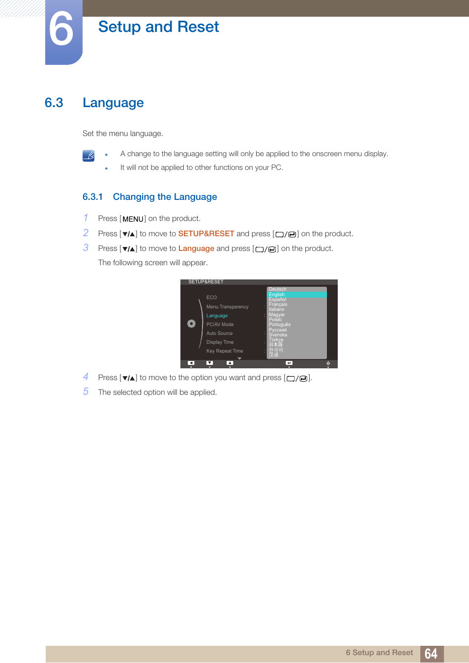 3 language, 1 changing the language, Language | Changing the language, Setup and reset | Samsung LS27A850TS-ZA User Manual | Page 64 / 92
