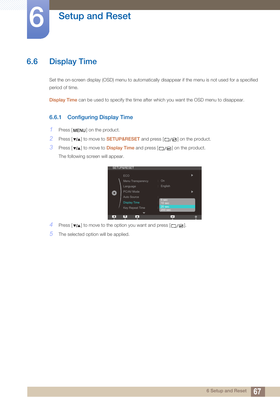 6 display time, 1 configuring display time, Display time | Configuring display time, Setup and reset | Samsung LS27A850TS-ZA User Manual | Page 67 / 92