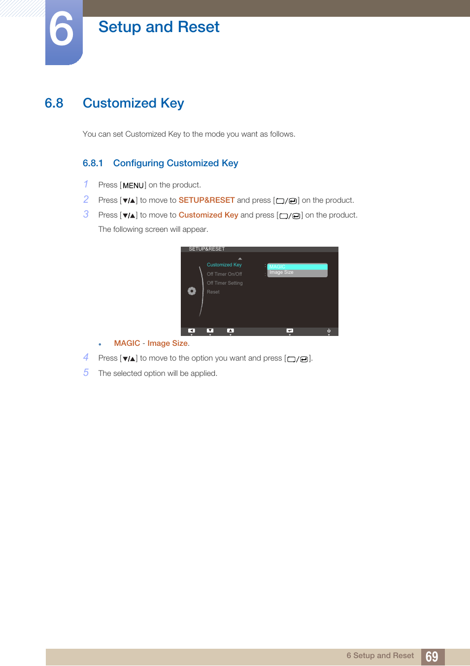 8 customized key, 1 configuring customized key, Customized key | Configuring customized key, Setup and reset | Samsung LS27A850TS-ZA User Manual | Page 69 / 92