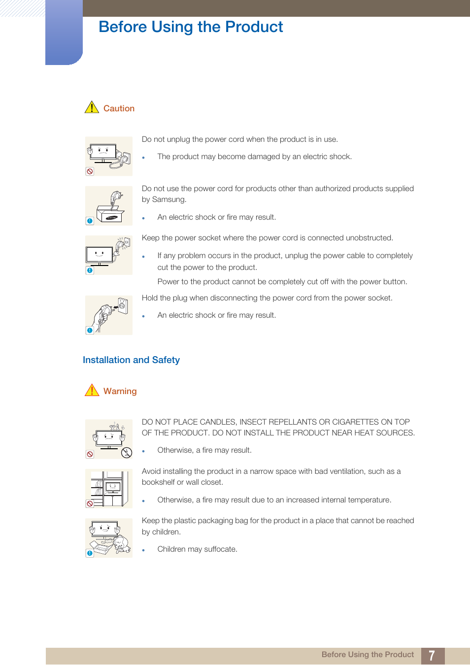 Installation and safety, Before using the product | Samsung LS27A850TS-ZA User Manual | Page 7 / 92