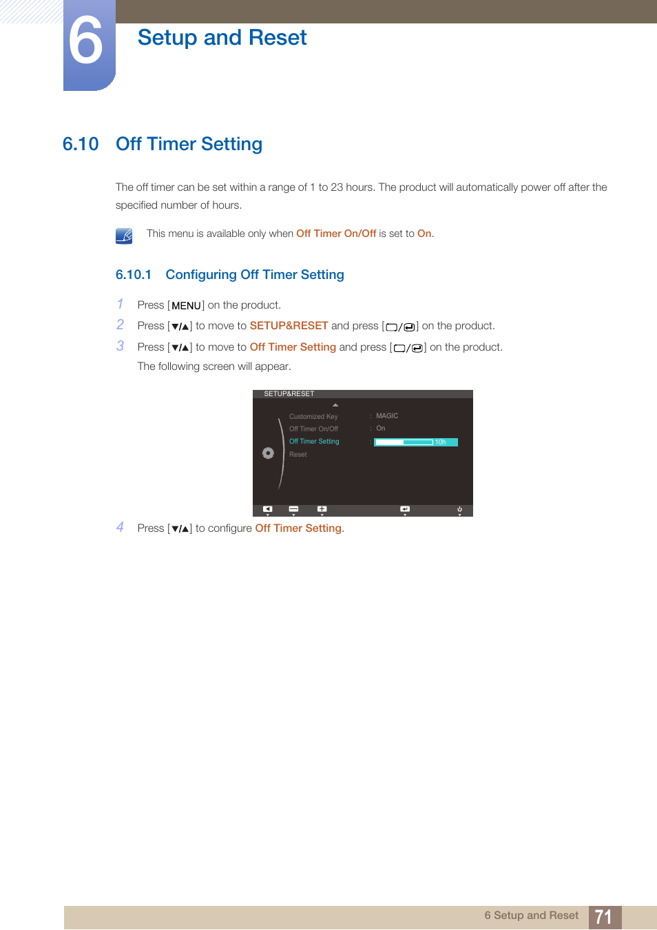 10 off timer setting, 1 configuring off timer setting, Off timer setting | Configuring off timer setting, Setup and reset | Samsung LS27A850TS-ZA User Manual | Page 71 / 92