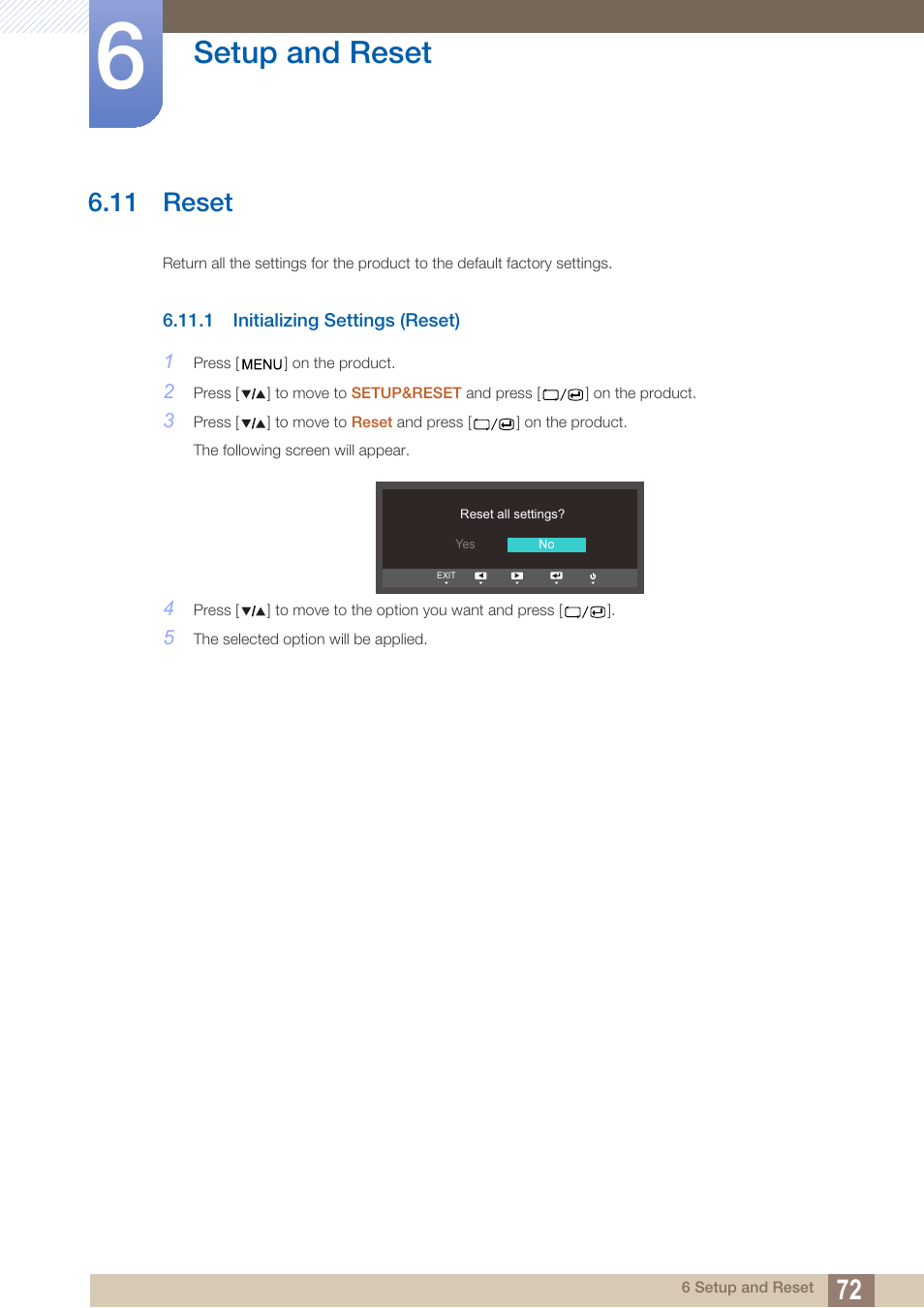 11 reset, 1 initializing settings (reset), Reset | Initializing settings (reset), Setup and reset | Samsung LS27A850TS-ZA User Manual | Page 72 / 92
