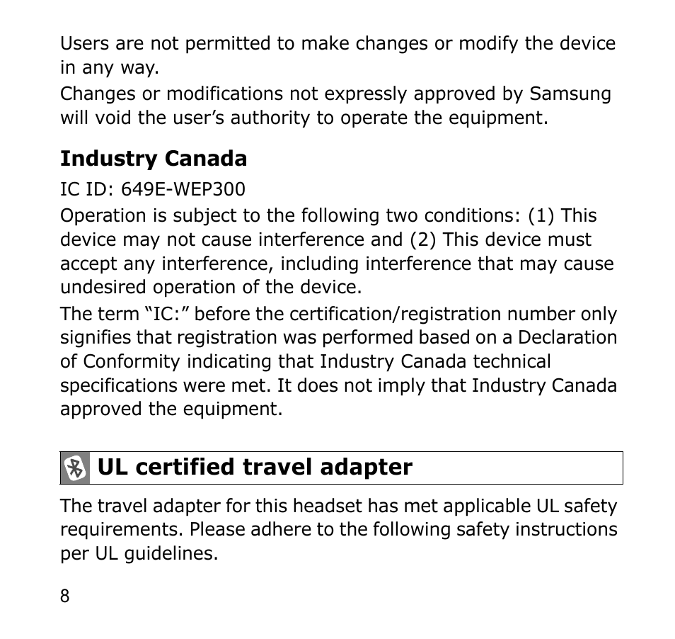 Ul certified travel adapter | Samsung AWEP301JSECSTA User Manual | Page 11 / 60