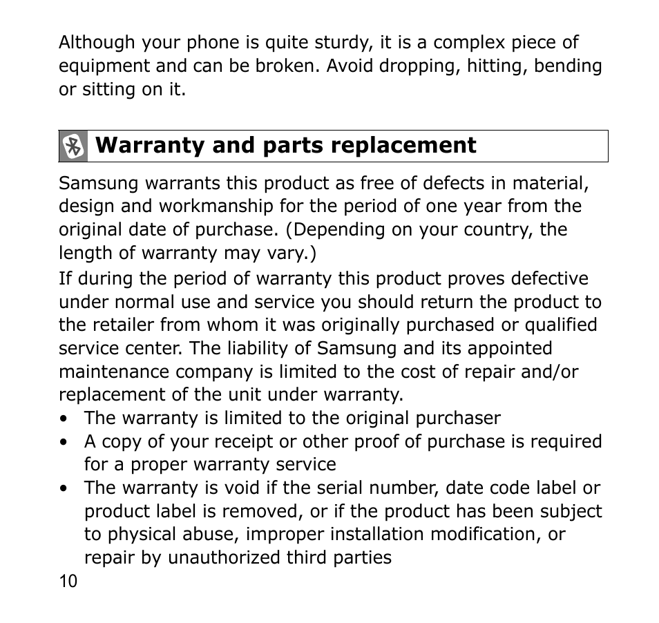 Warranty and parts replacement | Samsung AWEP301JSECSTA User Manual | Page 13 / 60