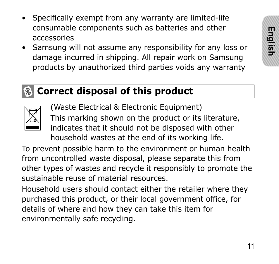 Correct disposal of this product | Samsung AWEP301JSECSTA User Manual | Page 14 / 60