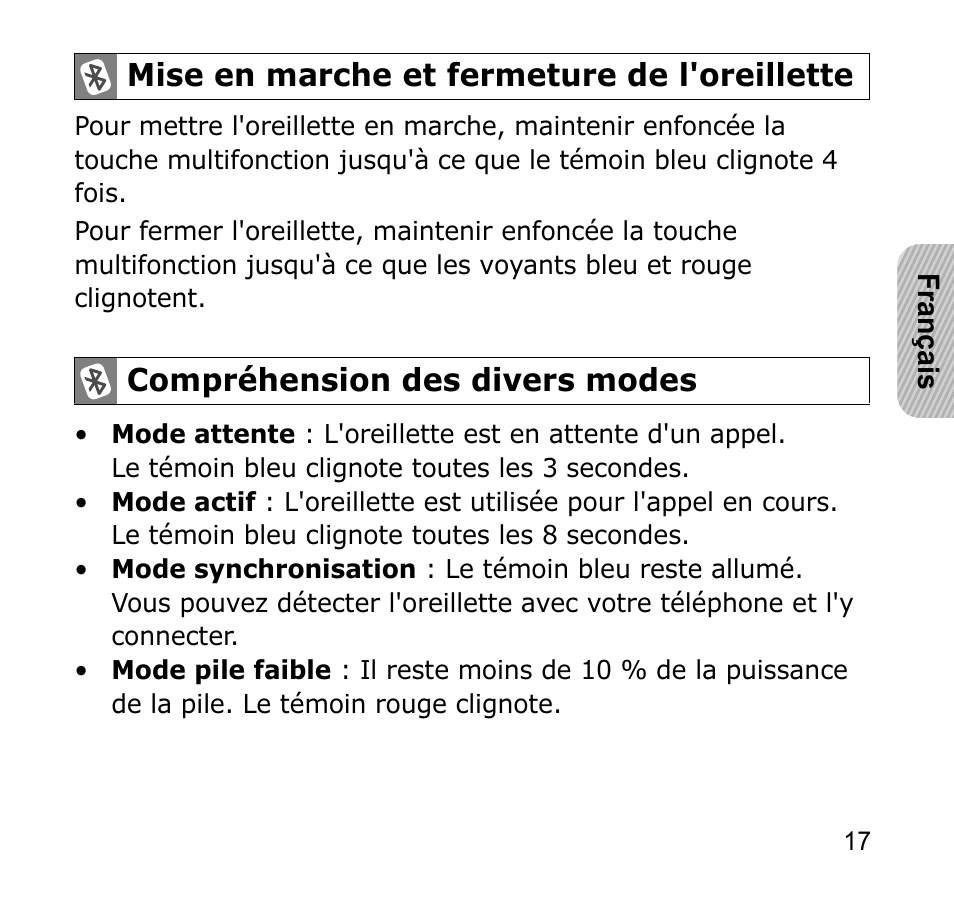 Mise en marche et fermeture de l'oreillette, 17 compréhension des divers modes | Samsung AWEP301JSECSTA User Manual | Page 20 / 60
