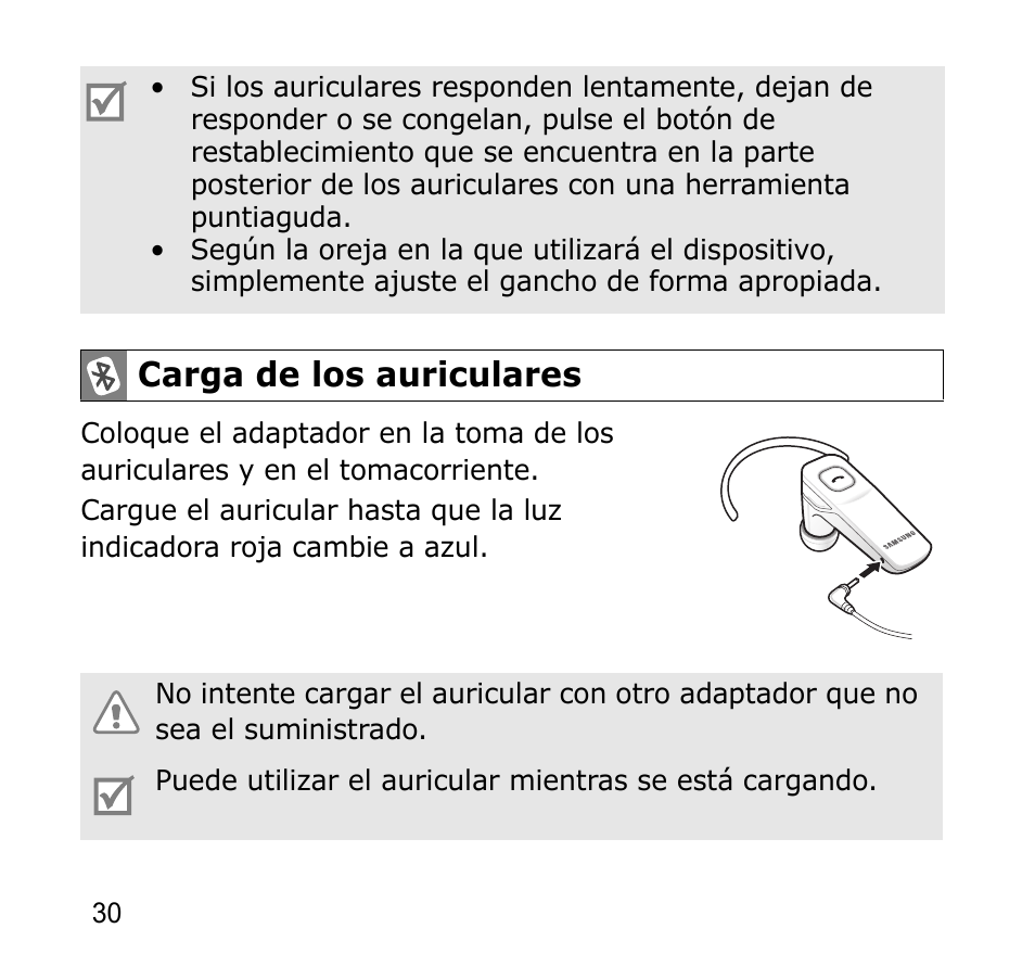 Carga de los auriculares | Samsung AWEP301JSECSTA User Manual | Page 33 / 60