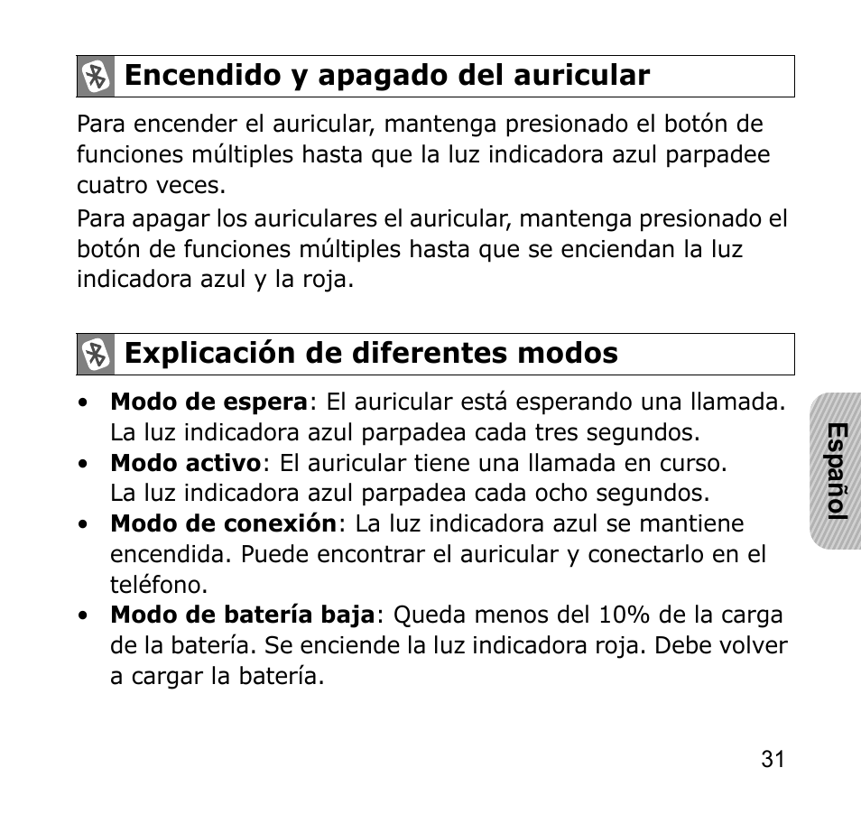 Encendido y apagado del auricular, 31 explicación de diferentes modos | Samsung AWEP301JSECSTA User Manual | Page 34 / 60