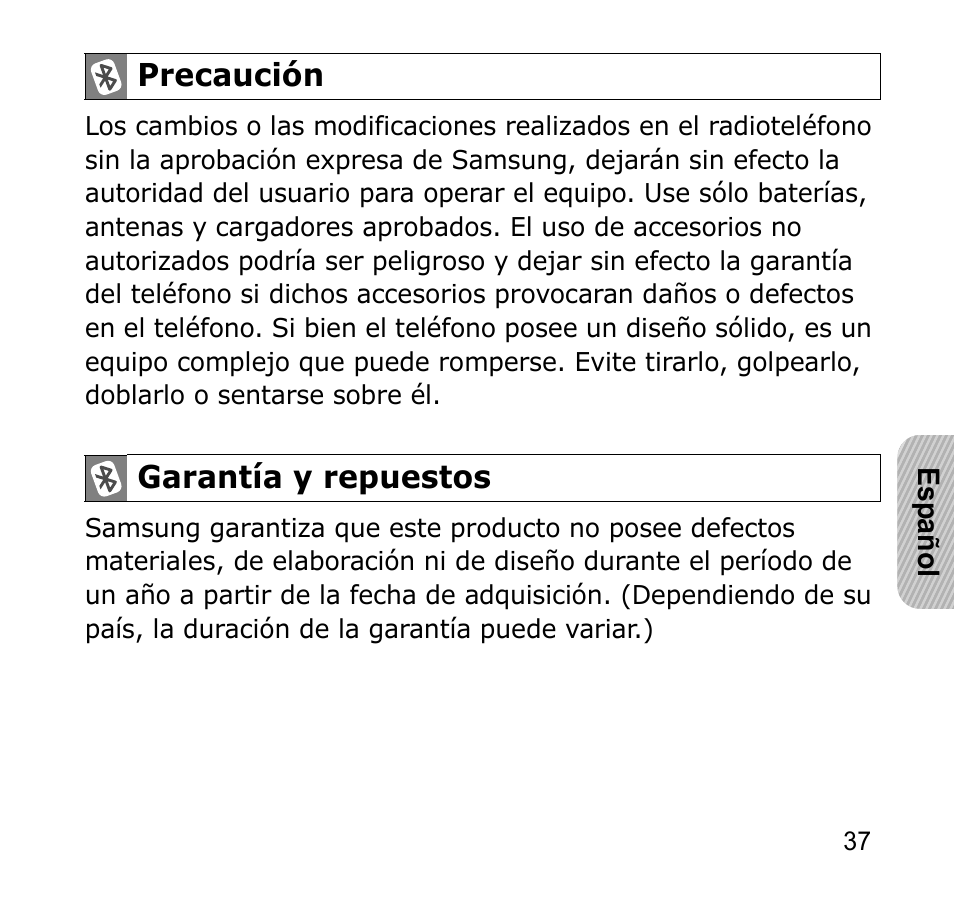 Precaución, 37 garantía y repuestos | Samsung AWEP301JSECSTA User Manual | Page 40 / 60