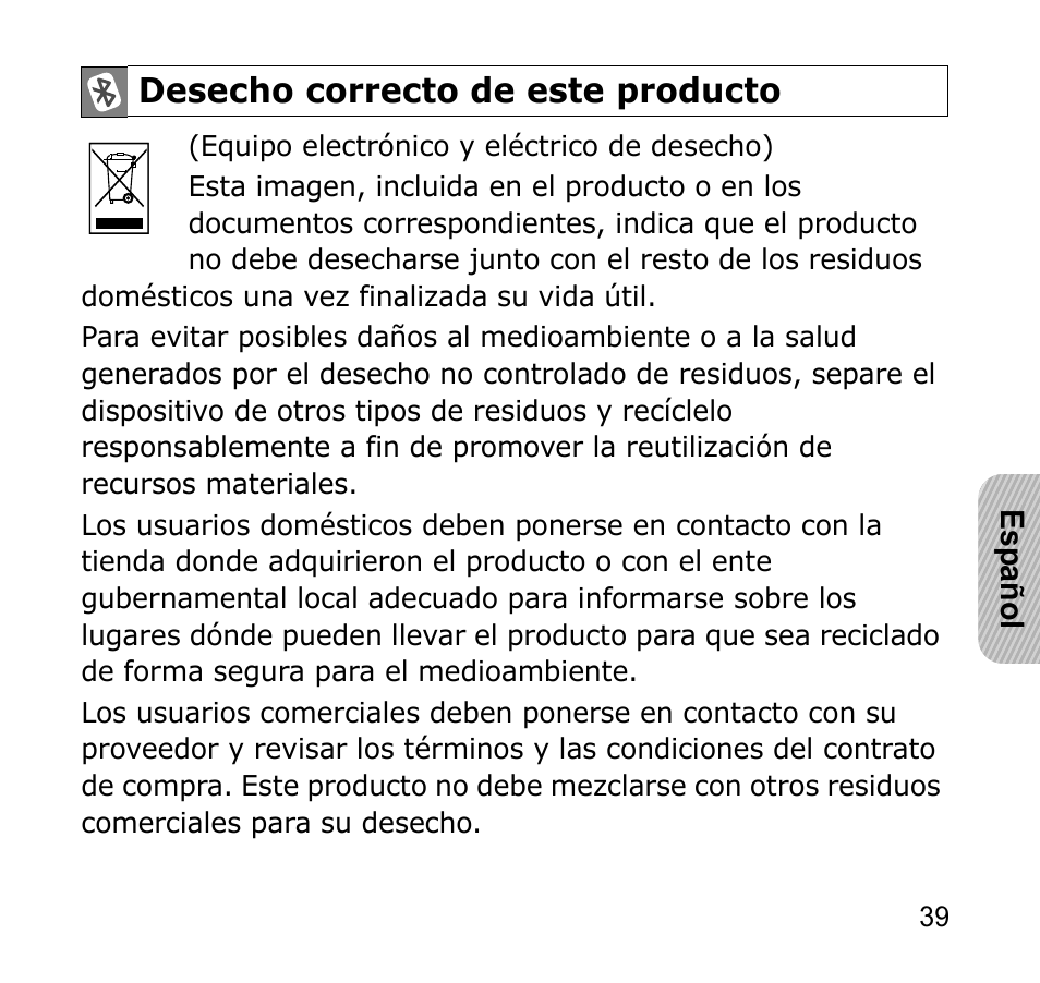 Desecho correcto de este producto | Samsung AWEP301JSECSTA User Manual | Page 42 / 60