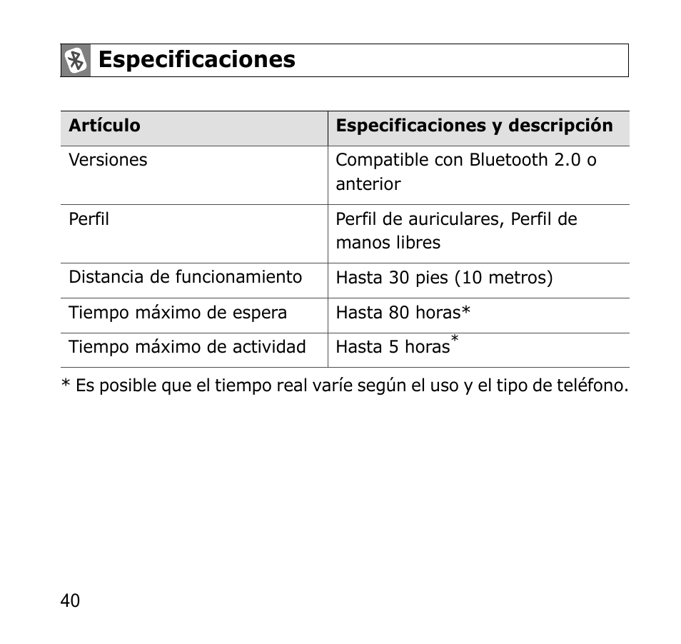 Especificaciones | Samsung AWEP301JSECSTA User Manual | Page 43 / 60