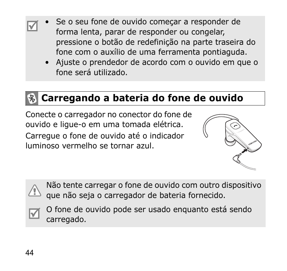 Carregando a bateria do fone de ouvido | Samsung AWEP301JSECSTA User Manual | Page 47 / 60