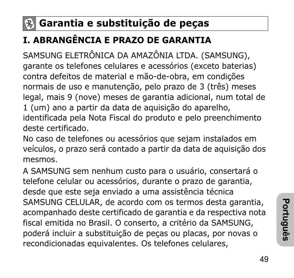 Garantia e substituição de peças | Samsung AWEP301JSECSTA User Manual | Page 52 / 60