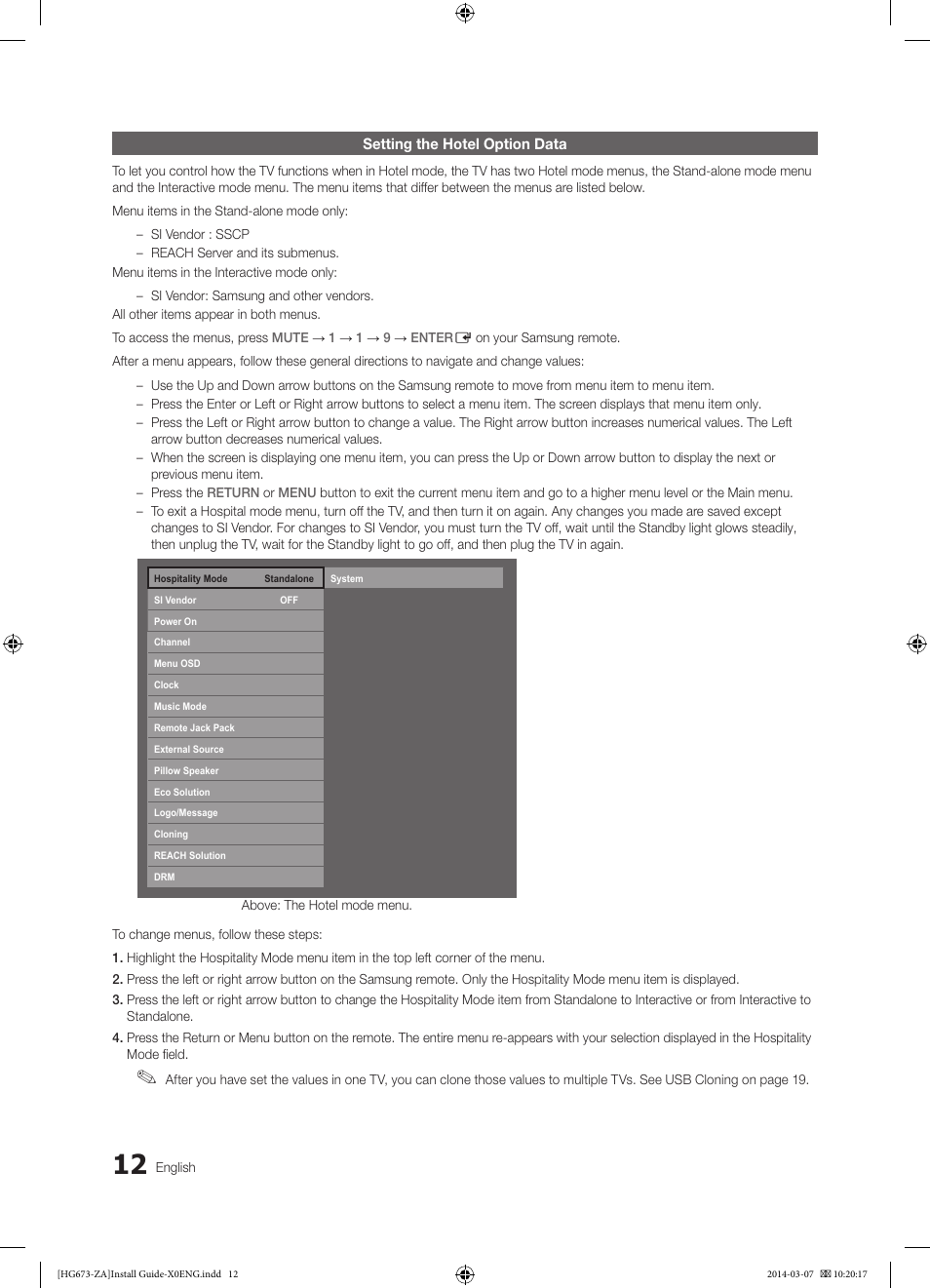 Setting the hotel option data | Samsung HG28NC673AFXZA User Manual | Page 12 / 39