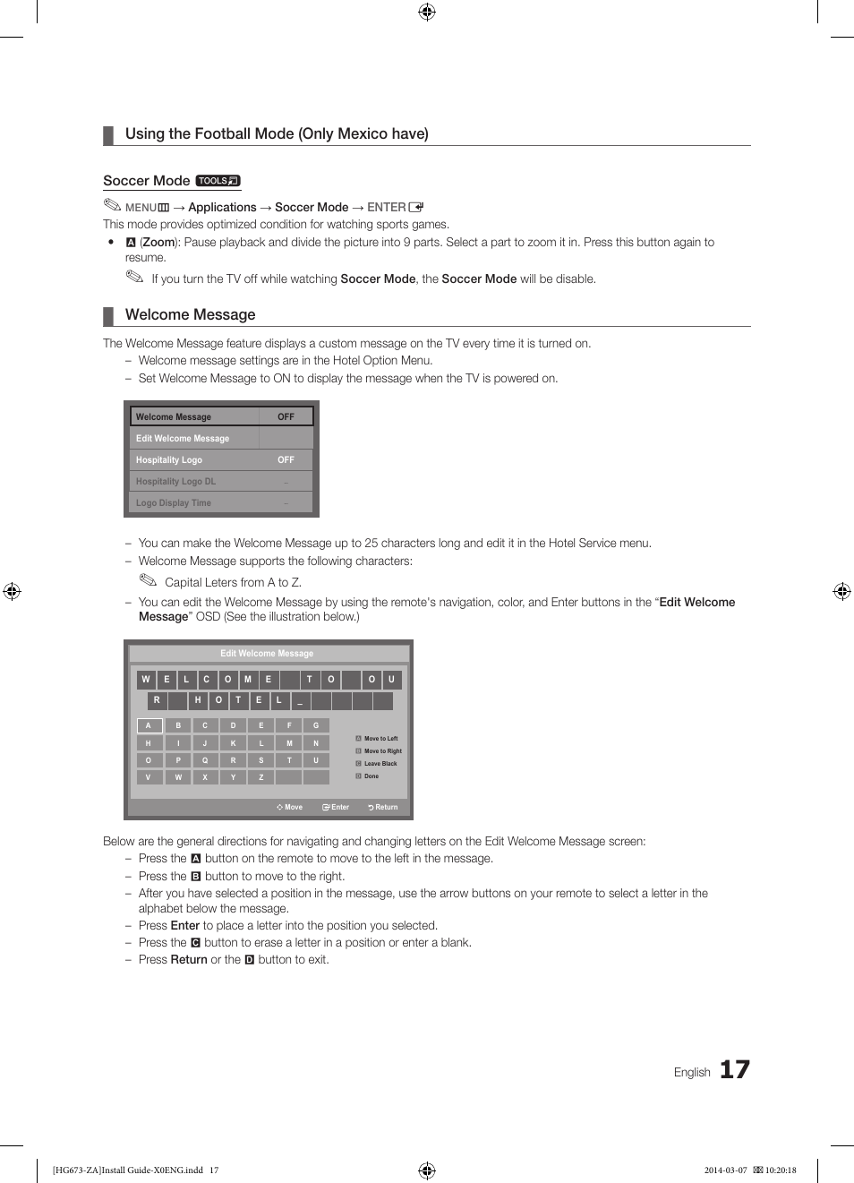 Using the football mode (only mexico have), Welcome message | Samsung HG28NC673AFXZA User Manual | Page 17 / 39