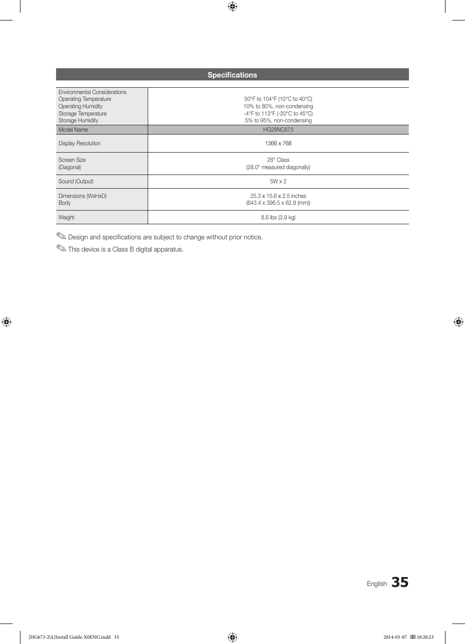 Specifications | Samsung HG28NC673AFXZA User Manual | Page 35 / 39