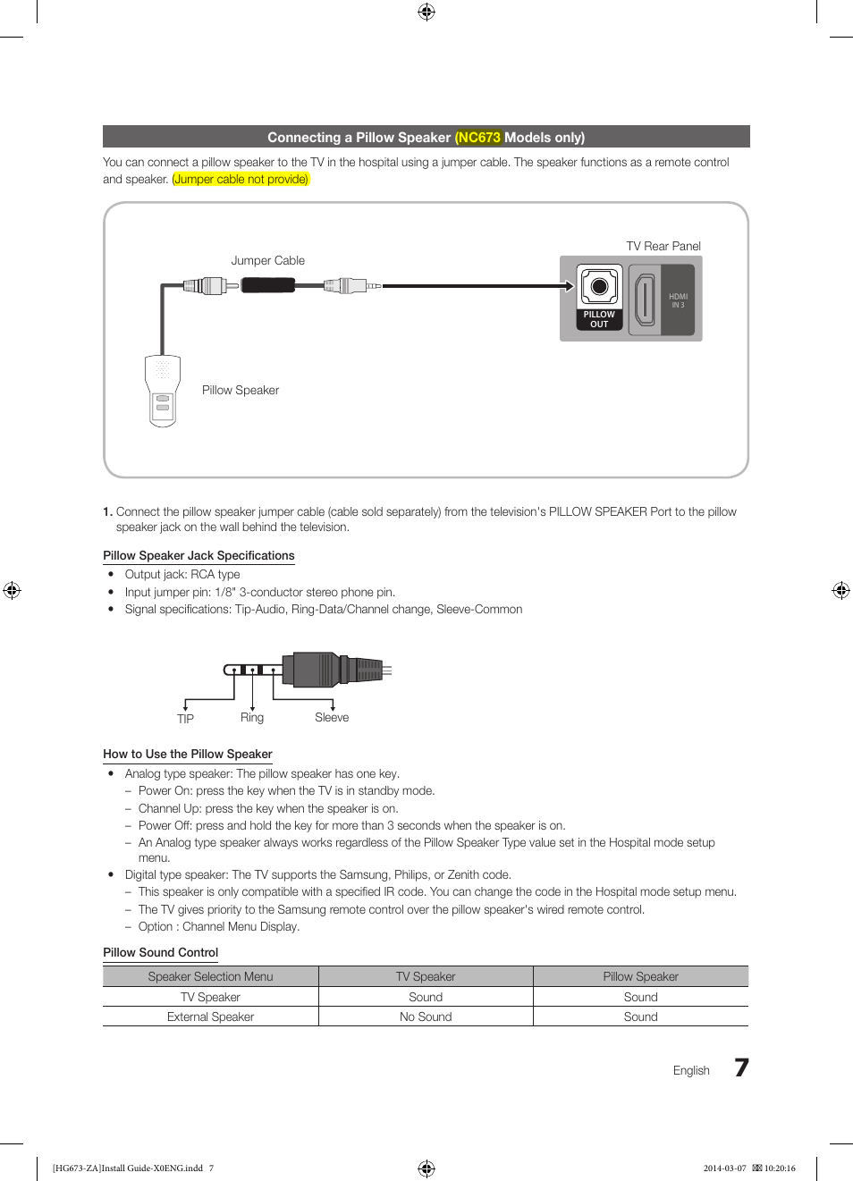 Connecting a pillow speaker (nc673 models only) | Samsung HG28NC673AFXZA User Manual | Page 7 / 39