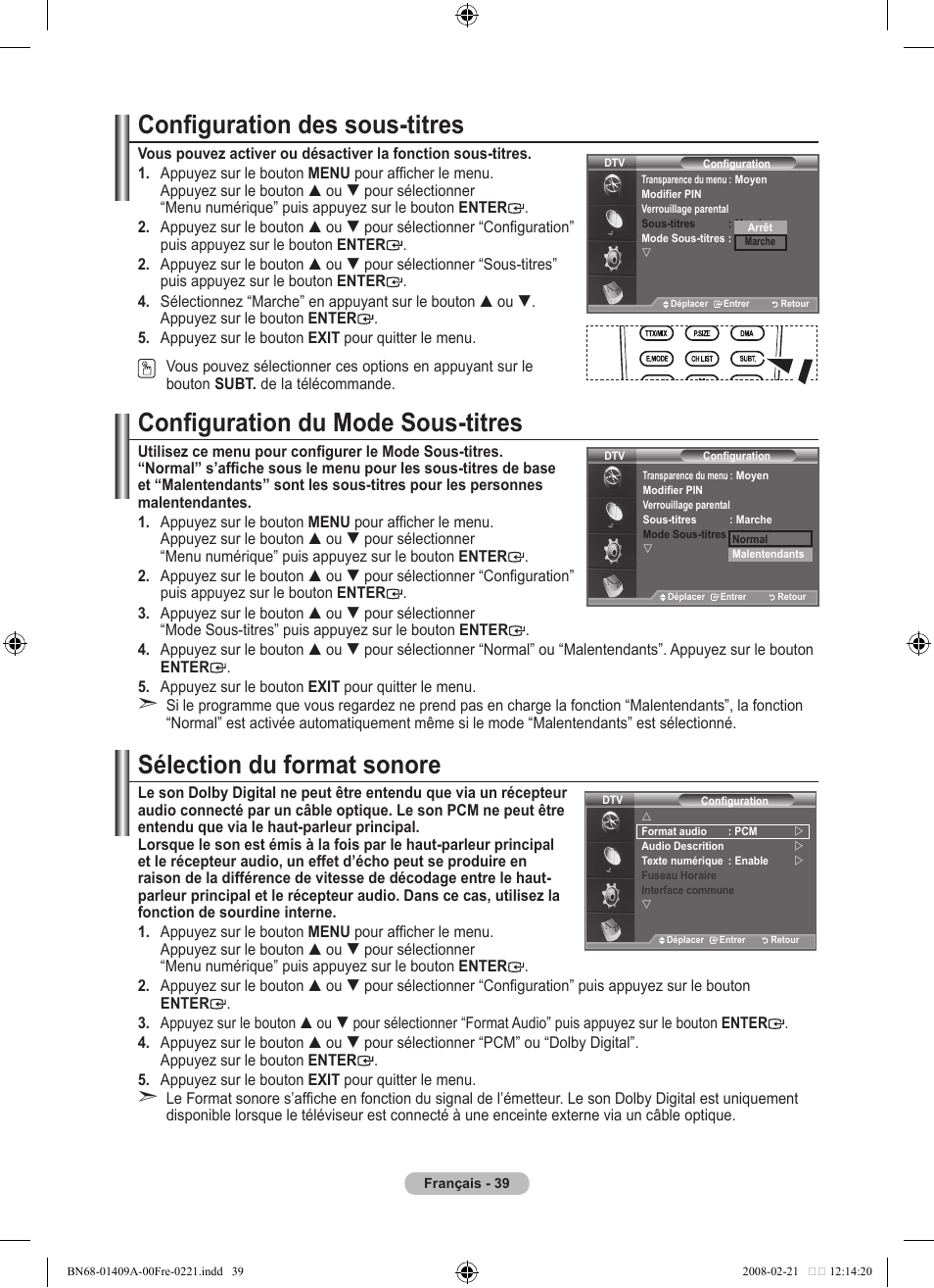 Configuration des sous-titres, Configuration du mode sous-titres, Sélection du format sonore | Samsung LE40A556P1F User Manual | Page 111 / 564