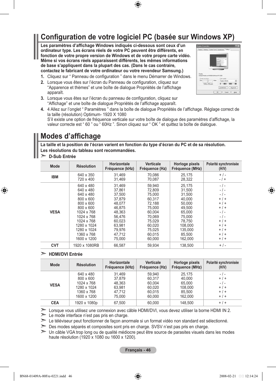 Modes d’affichage | Samsung LE40A556P1F User Manual | Page 118 / 564