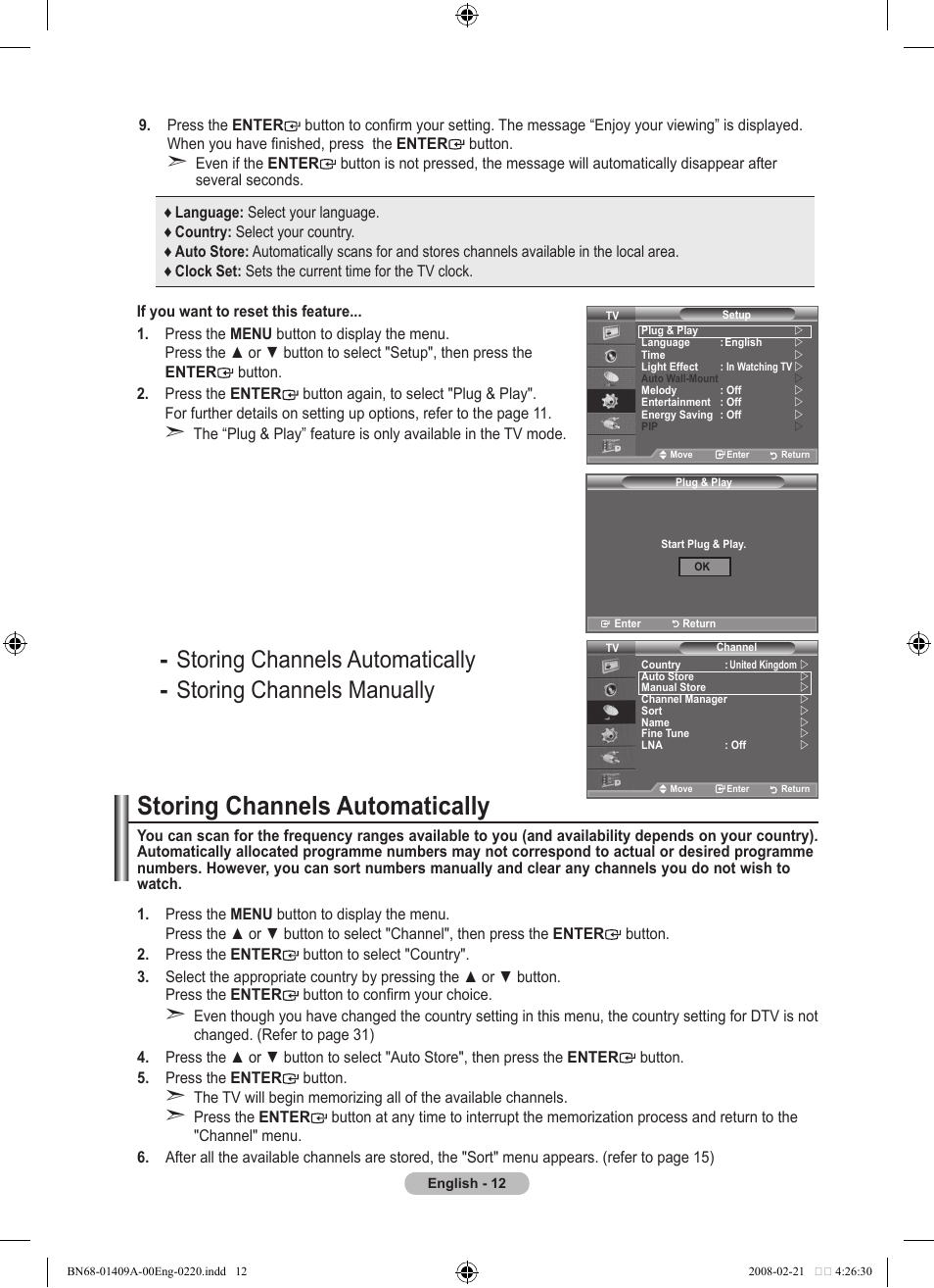 Setting the channels, Storing channels automatically | Samsung LE40A556P1F User Manual | Page 14 / 564