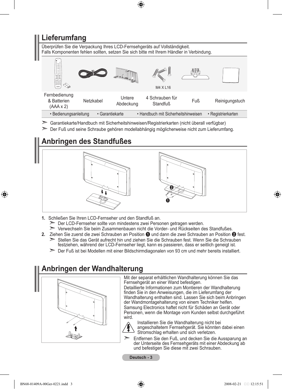 Lieferumfang, Anbringen des standfußes, Anbringen der wandhalterung | Samsung LE40A556P1F User Manual | Page 145 / 564