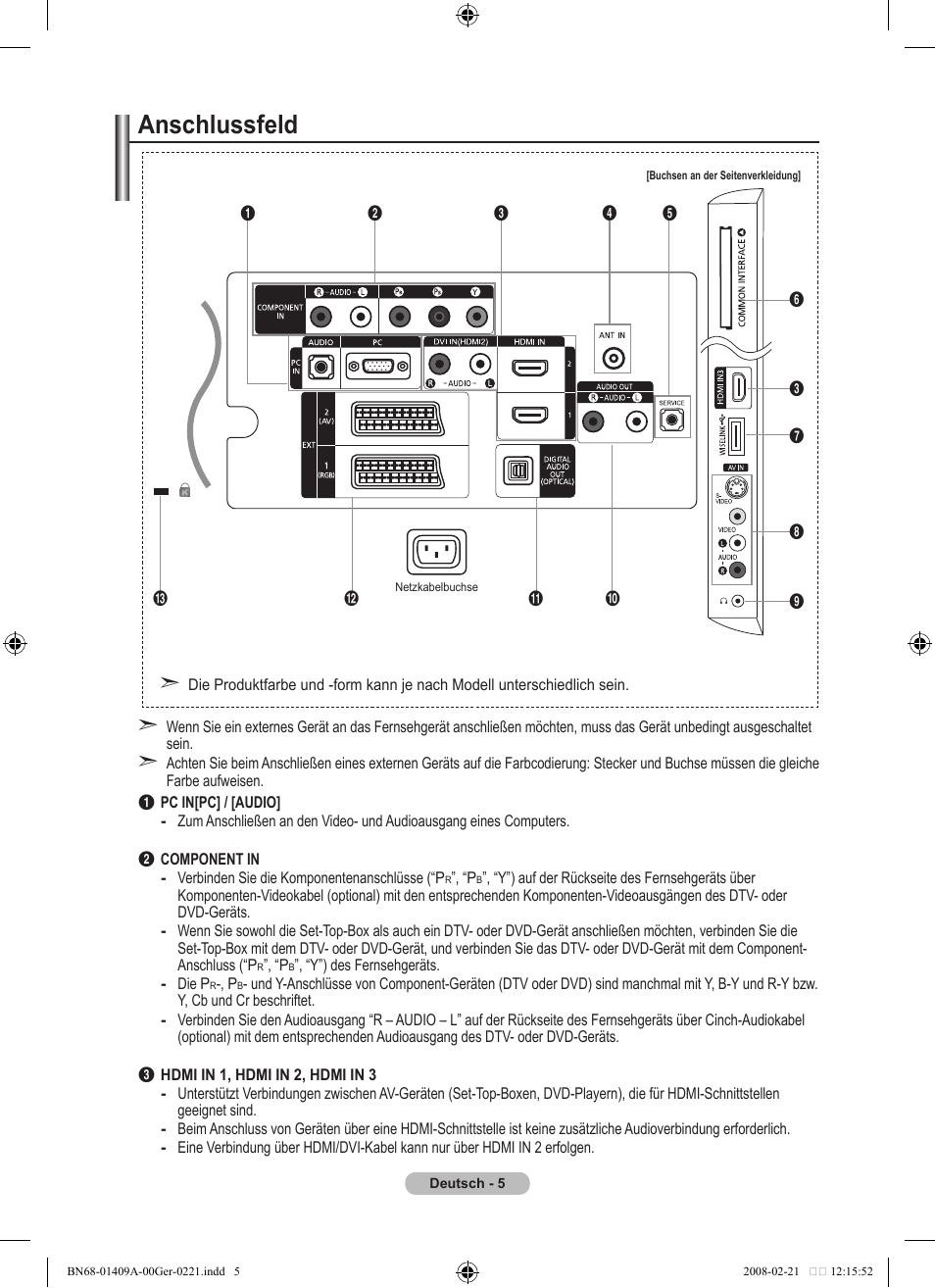 Anschlussfeld | Samsung LE40A556P1F User Manual | Page 147 / 564
