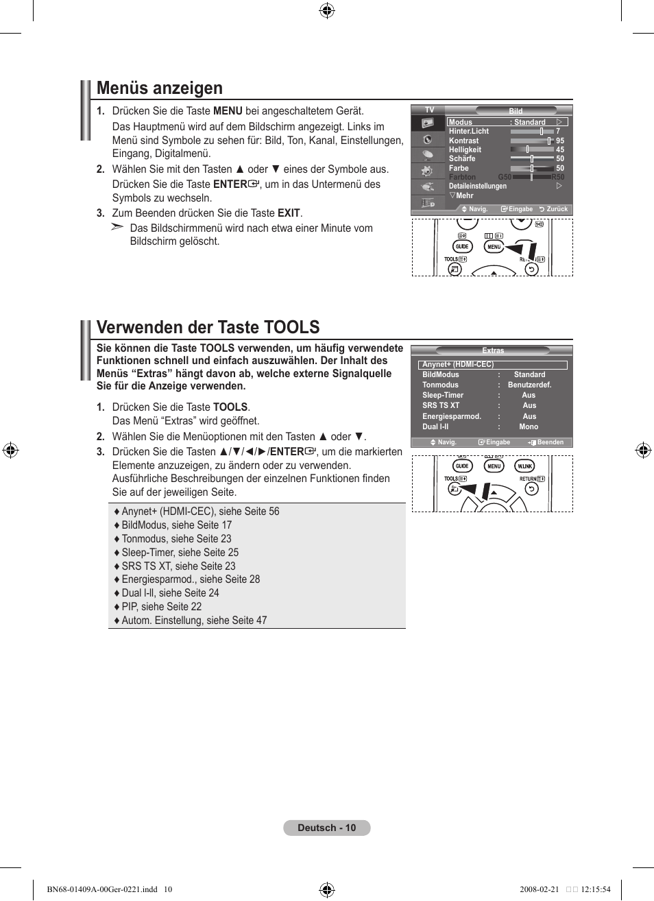 Menüs anzeigen, Verwenden der taste tools | Samsung LE40A556P1F User Manual | Page 152 / 564