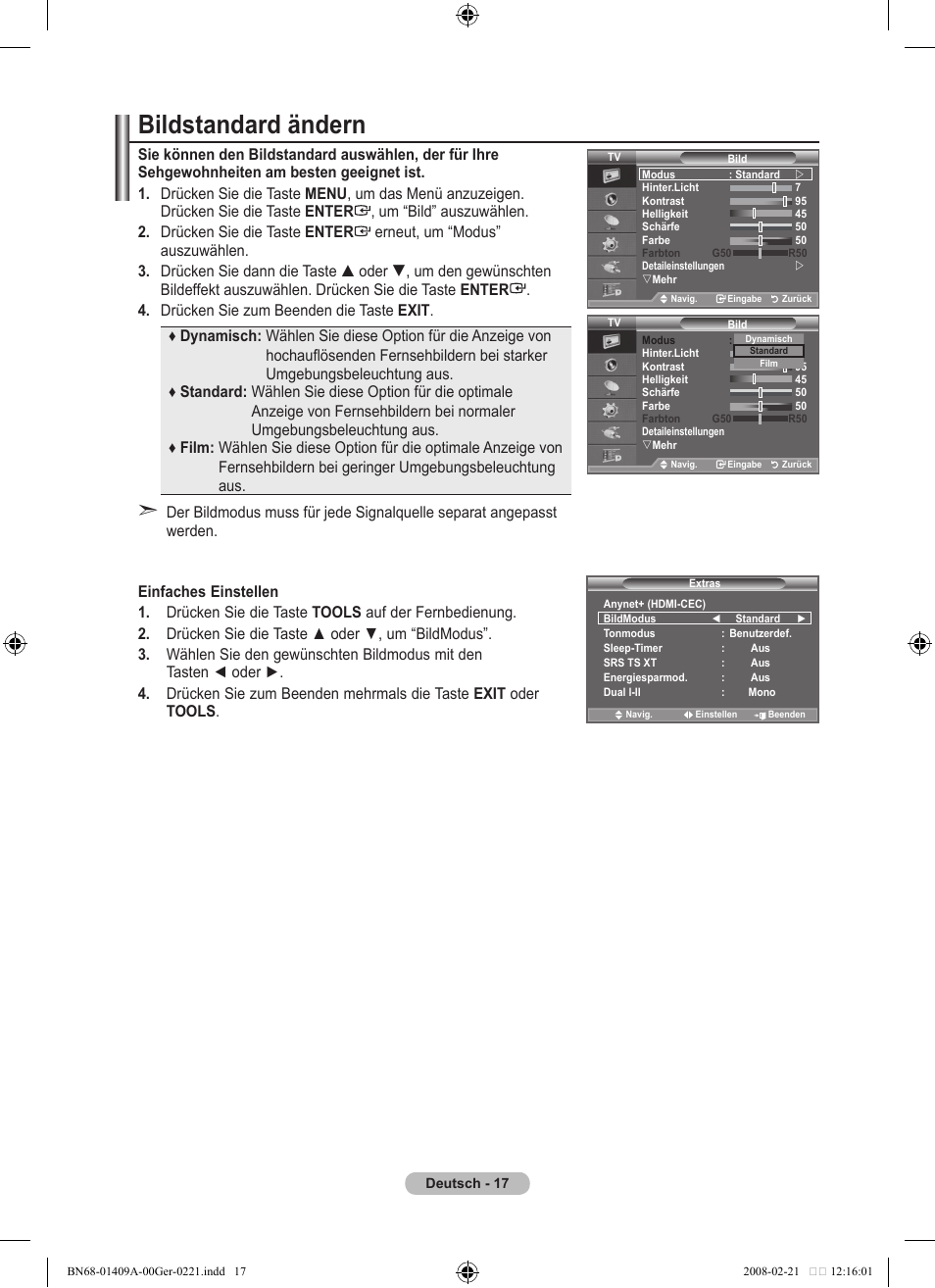 Bildstandard ändern | Samsung LE40A556P1F User Manual | Page 159 / 564