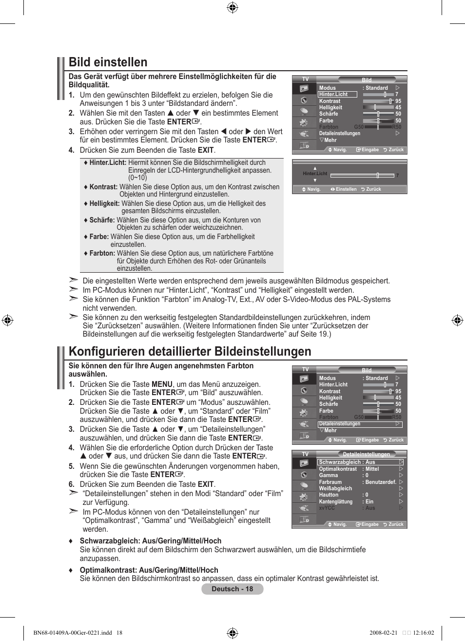 Bild einstellen, Konfigurieren detaillierter bildeinstellungen | Samsung LE40A556P1F User Manual | Page 160 / 564