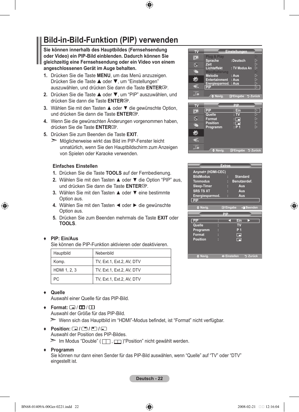 Bild-in-bild-funktion (pip) verwenden | Samsung LE40A556P1F User Manual | Page 164 / 564