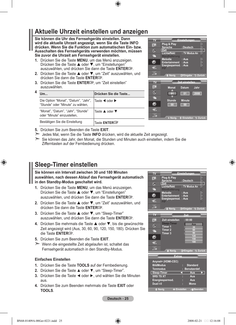 Aktuelle uhrzeit einstellen und anzeigen, Sleep-timer einstellen | Samsung LE40A556P1F User Manual | Page 167 / 564