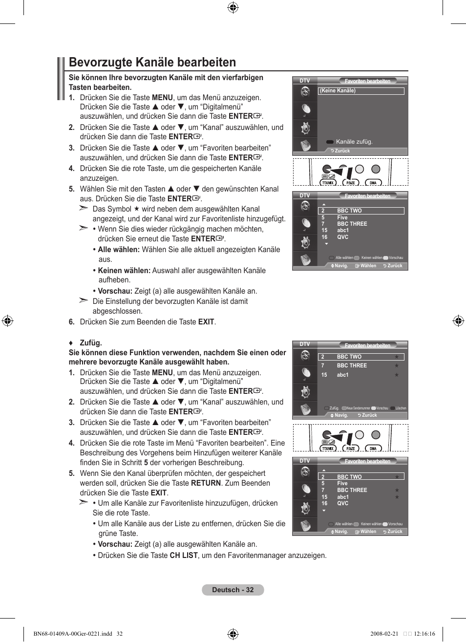 Bevorzugte kanäle bearbeiten | Samsung LE40A556P1F User Manual | Page 174 / 564