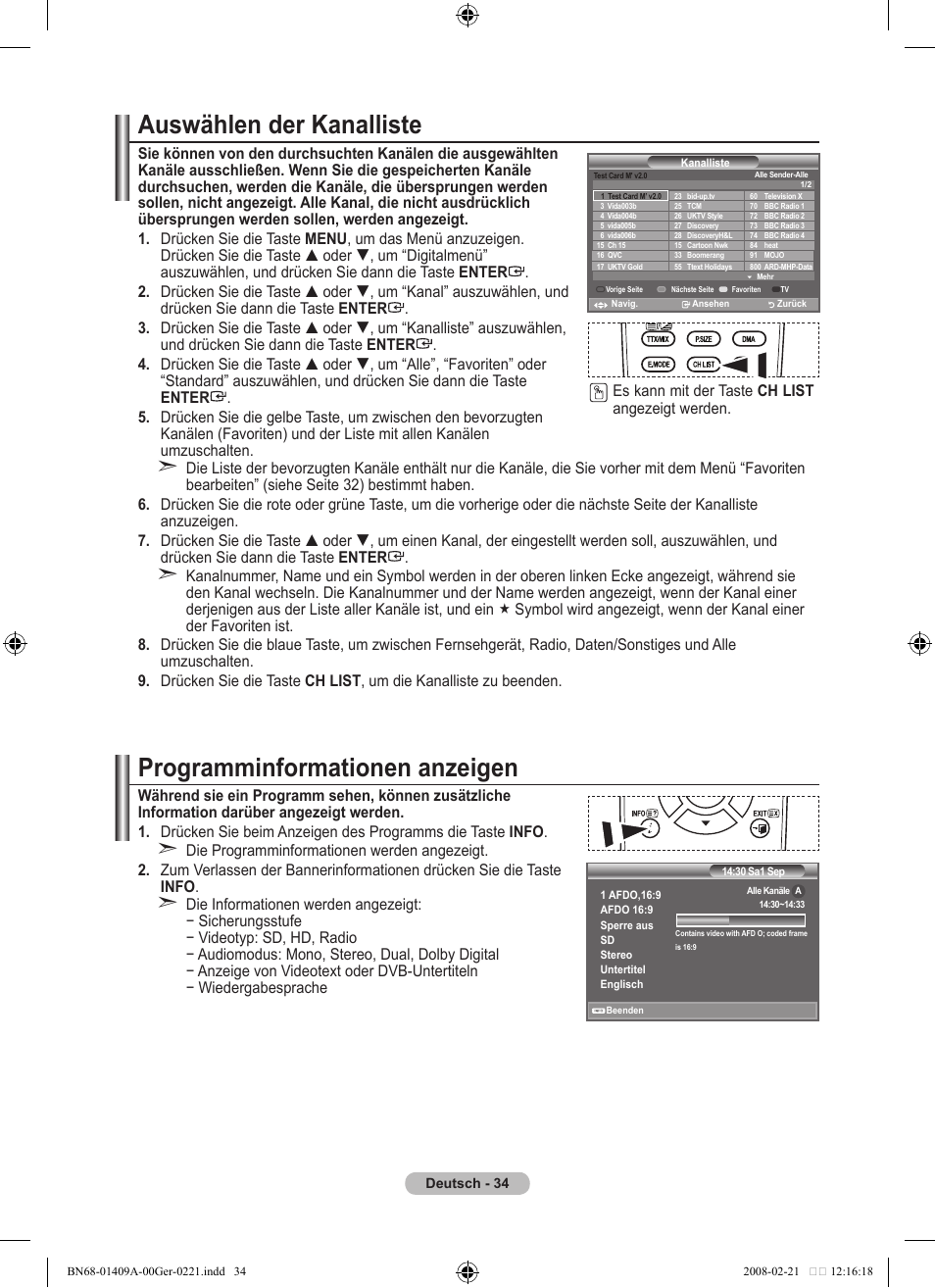 Auswählen der kanalliste, Programminformationen anzeigen | Samsung LE40A556P1F User Manual | Page 176 / 564