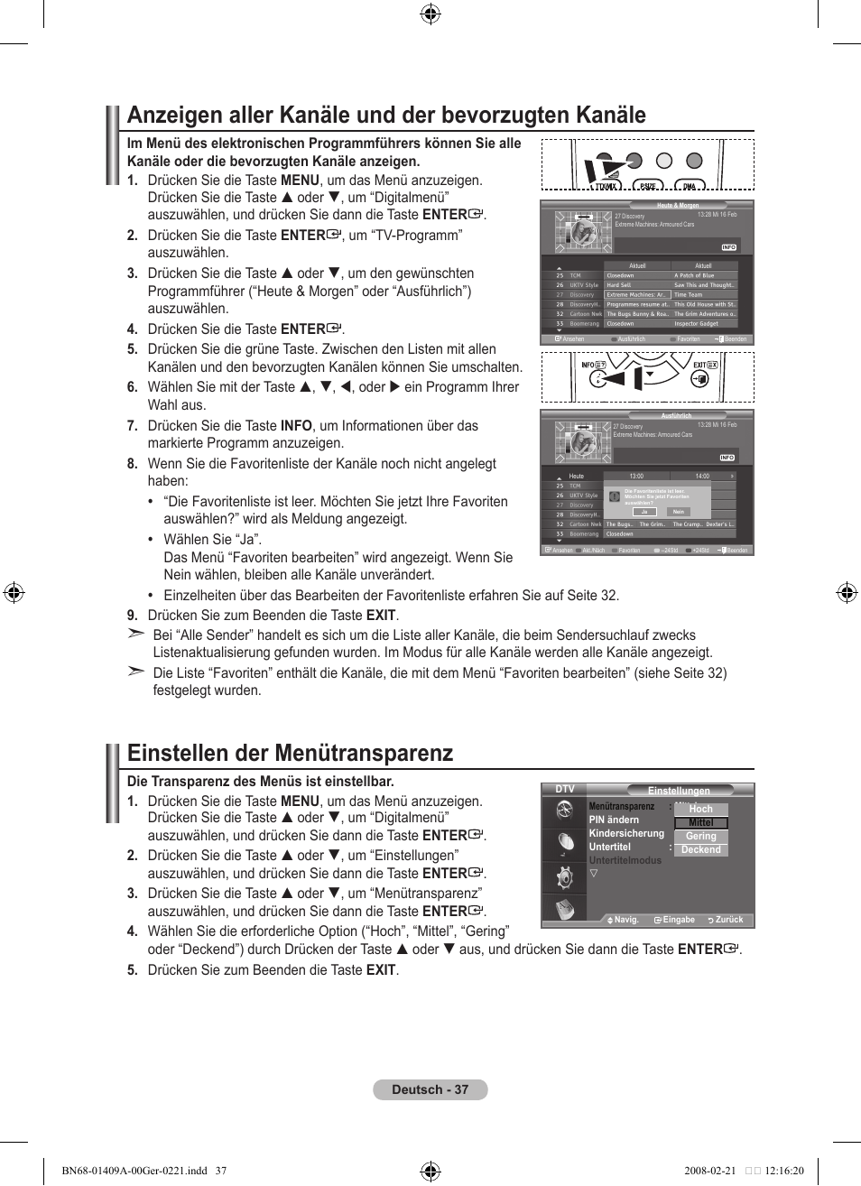 Anzeigen aller kanäle und der bevorzugten kanäle, Einstellen der menütransparenz | Samsung LE40A556P1F User Manual | Page 179 / 564