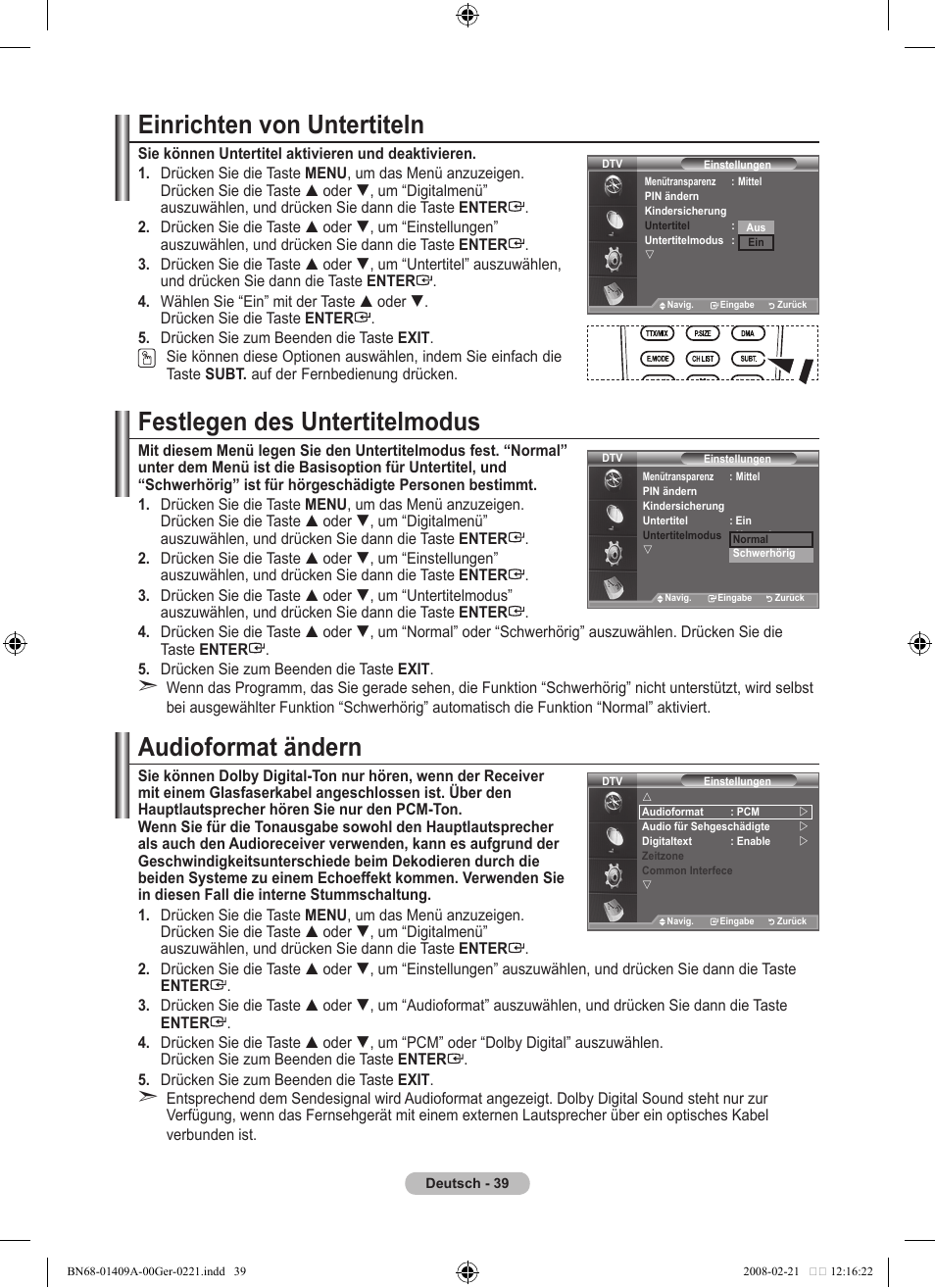 Einrichten von untertiteln, Festlegen des untertitelmodus, Audioformat ändern | Samsung LE40A556P1F User Manual | Page 181 / 564