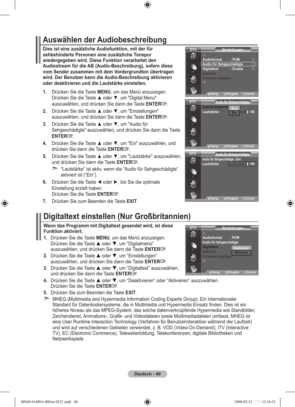 Auswählen der audiobeschreibung, Digitaltext einstellen (nur großbritannien) | Samsung LE40A556P1F User Manual | Page 182 / 564