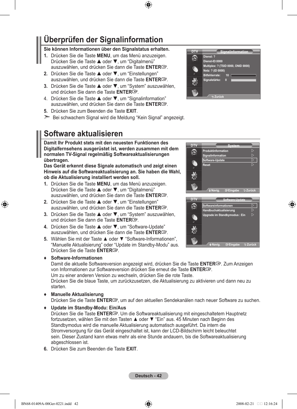 Überprüfen der signalinformation, Software aktualisieren | Samsung LE40A556P1F User Manual | Page 184 / 564