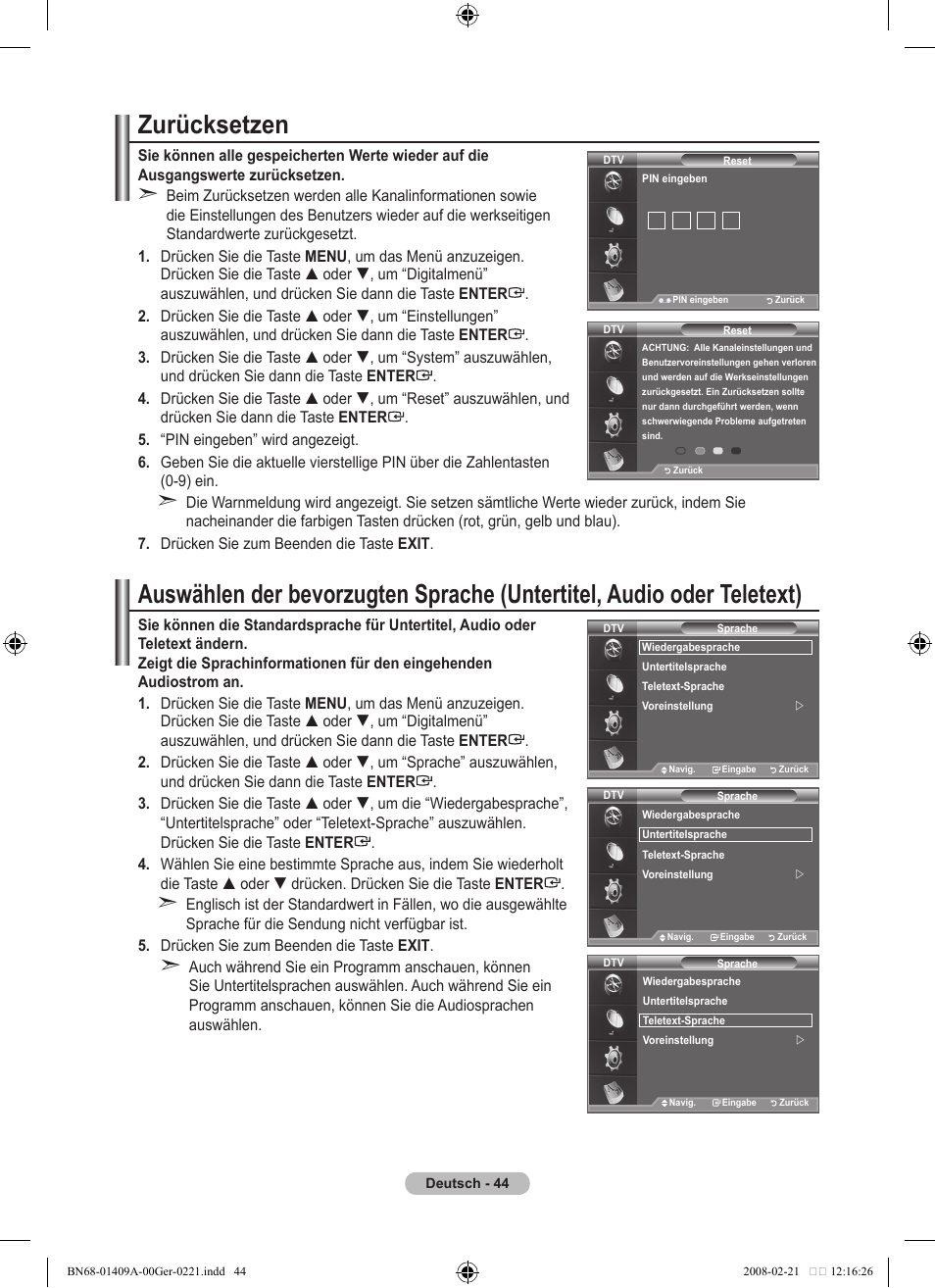 Zurücksetzen | Samsung LE40A556P1F User Manual | Page 186 / 564