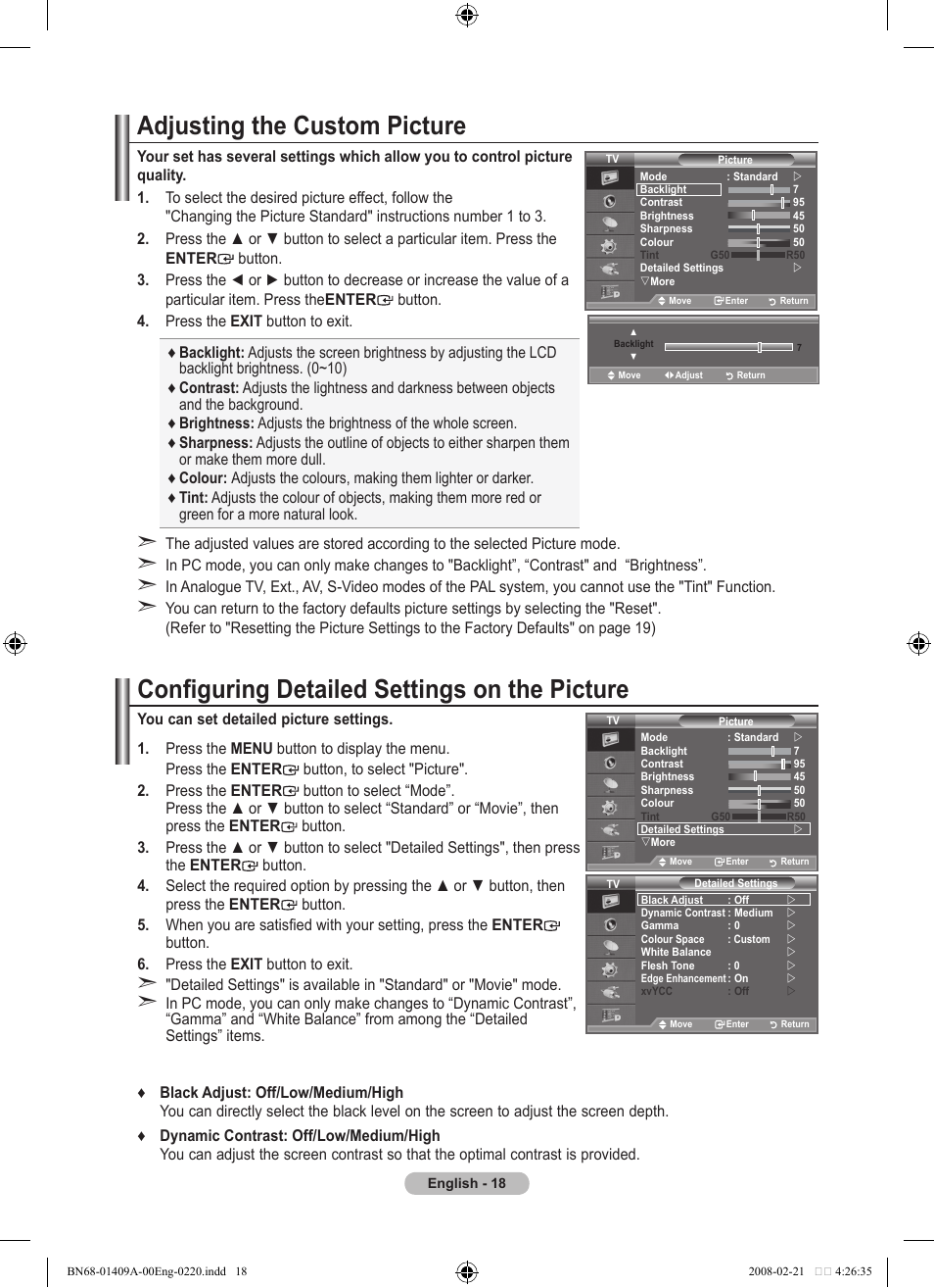 Adjusting the custom picture, Configuring detailed settings on the picture | Samsung LE40A556P1F User Manual | Page 20 / 564