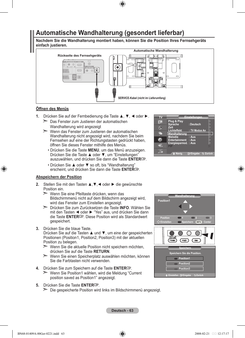Automatische wandhalterung (gesondert lieferbar) | Samsung LE40A556P1F User Manual | Page 205 / 564
